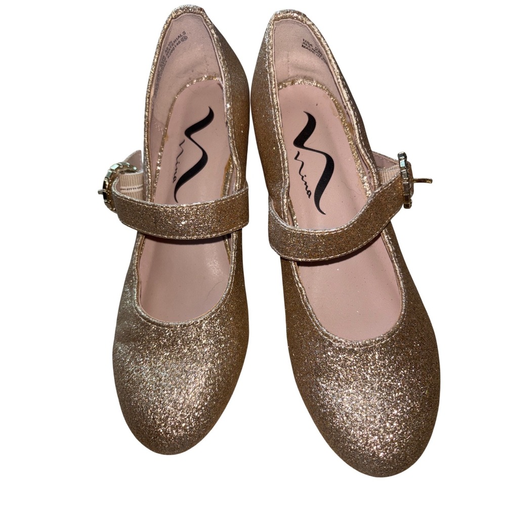 Nina Mary Jane Shoes Girls Size 2 Gold Glitter Rhinestone Block Heel